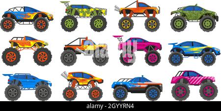 Monster schwere Lastwagen, extreme Rennen große Räder Autos. Extreme zeigen schwere Autos, große Räder Fahrzeuge Vektor Illustration Set. Monstertrucks transportieren Stock Vektor