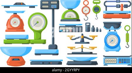 Bewahren Sie elektronische und mechanische Waagen zur Gewichtsmessung auf. Markt oder Küche messen waage Instrument Vektor Illustration Set. Waagen der Waage Stock Vektor