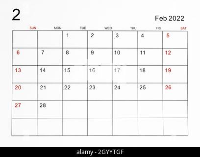 Die Kalendervorlage für Februar 2022. Stockfoto