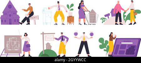 Immobiliendienstleistungen, Suche, Verkauf, Miete, Hypothek. Wohnimmobilienmarkt, Menschen suchen, verkaufen und kaufen Haus Vektor Illustration Set. Echt Stock Vektor