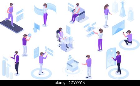 Isometrische Virtual Reality futuristische Simulationstechnologie. Menschen in vr Brille Eintauchen in Simulation Welt Vektor Illustration Set. Erweitert Stock Vektor
