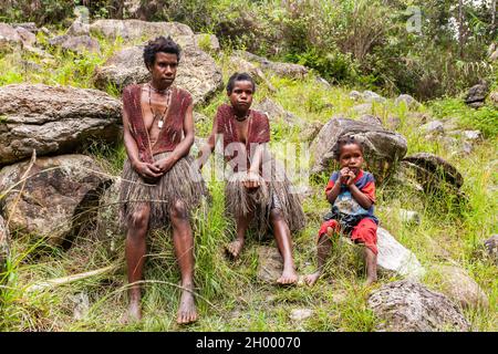 Wamena, Indonesien - 10. Januar 2010: Menschen des Dani-Stammes sitzen auf dem großen Stein, indonesisches Neuguinea Stockfoto