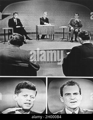 Die beiden nominierten Präsidenten der beiden großen Parteien sind auf drei Fotos auf einem Fernsehbildschirm während ihrer landesweiten Fernsehdebatte am 9-26-60 zu sehen. Oben: Senator Kennedy, Moderator Howard K. Smith und Vizepräsident Richard Nixon. Unten links, Senator Kennedy; rechts Vizepräsident Nixon. Stockfoto