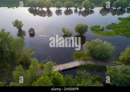 Luftbild der Landschaft mit Holzhaus in der Mitte von Fluss und Wald in der Sommerzeit Stockfoto