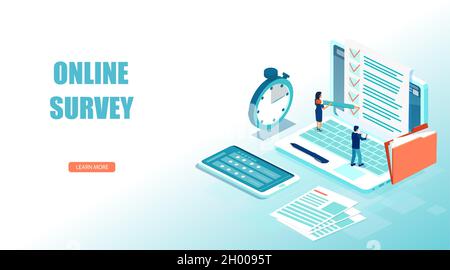 Isometrischer Vektor einer Online-Umfrage, Feedback und Kundenzufriedenheitskonzept Stock Vektor