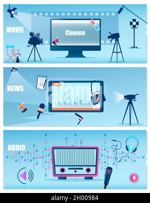 Prozesskonzept für die Erstellung von Audio-, Video- und Nachrichteninhalten Stock Vektor