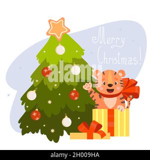 Weihnachtskarte. Niedlicher Tiger in Geschenkbox mit Schleife und Weihnachtsbaum mit Weihnachtskugeln. Vektorgrafik. Schönes Weihnachtstier für festliche d Stock Vektor