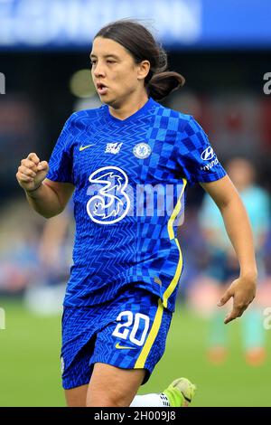 Kingston upon Thames, Großbritannien. Oktober 2021. Sam Kerr von Chelsea Women in Aktion während des Spiels. Barclays FA Women's Super League Match, Chelsea Women gegen Leicester City Women in Kingsmeadow, Kingston upon Thames am Sonntag, den 10. Oktober 2021. Dieses Bild darf nur für redaktionelle Zwecke verwendet werden. Nur zur redaktionellen Verwendung, Lizenz für kommerzielle Nutzung erforderlich. Keine Verwendung bei Wetten, Spielen oder Veröffentlichungen in einem Club/einer Liga/einem Spieler.pic von Steffan Bowen/Andrew Orchard Sports Photography/Alamy Live News Credit: Andrew Orchard Sports Photography/Alamy Live News Stockfoto