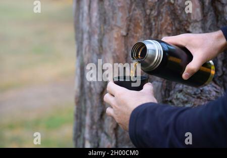 Mann Tourist goss heißen Tee aus einer Thermoskanne an einem Baum bei Sonnenuntergang. Wandern, Reisen und aktives Lifestyle-Konzept Stockfoto