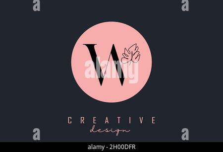 W-Letter-Logo-Design mit Monstera Blatt eine Linie Zeichnung auf einem rosa Kreis Hintergrund Vektor-Illustration. Minimalistisches Symbol. Stock Vektor