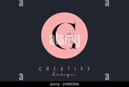 G-Buchstaben-Logo-Design mit Monstera Blatt eine Linie Zeichnung auf einem rosa Kreis Hintergrund Vektor-Illustration. Minimalistisches Symbol. Stock Vektor
