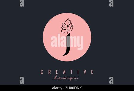 J Buchstabe Logo Design mit Monstera Blatt eine Linie Zeichnung auf einem rosa Kreis Hintergrund Vektor-Illustration. Minimalistisches Symbol. Stock Vektor