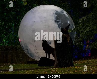 Frau in schickes Kleid als Hexe mit Broomstick, Vollmond & Silhouette eines heulenden Wolfes, Edinburgh Zoo Halloween Trail, Schottland, UK Stockfoto