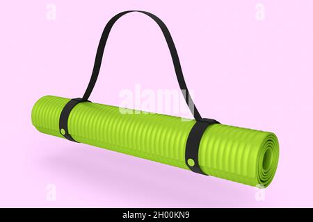 Grüne Yogamatte oder leichte Schaumstoff-Campingbett-Rollauflage isoliert auf rosa Hintergrund. 3d-Rendering von Sportgeräten für Fitness, Yoga und aktives Arbeiten Stockfoto