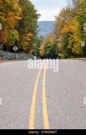 Die Park Road ging im Oktober senkrecht vom Skigebiet Granite Peak im Rib Mountain State Park, Wausau, Wisconsin, hinunter Stockfoto