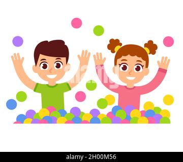 Kinder im Kugelgraben. Cute Cartoon Junge und Mädchen spielen in einem Ballpit. Einfache flache Vektor Clip Art Illustration. Stock Vektor