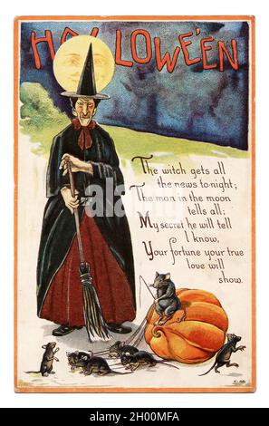 Vintage Halloween Grußkarte / Postkarte. Anfang des 20. Jahrhunderts. Eine Hexe mit Mäusen. Stockfoto