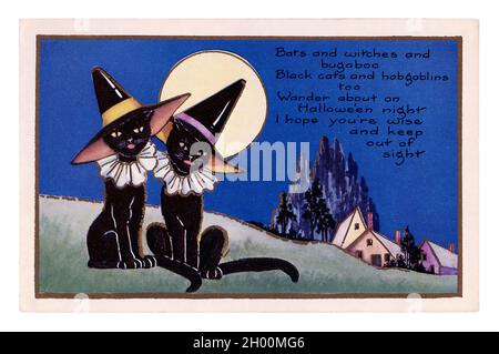 Vintage Halloween Grußkarte / Postkarte. Anfang des 20. Jahrhunderts. Zwei schwarze Katzen im Mond leuchten. Stockfoto