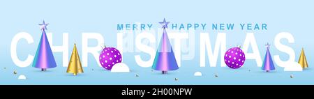 Frohes neues Jahr. Weihnachts-Hintergrund-Design, Tannenbaum, dekorative Kugeln.Festliche Geschenkkarte, Urlaub Poster, Web-Banner, Header für Website. Vektor Stock Vektor