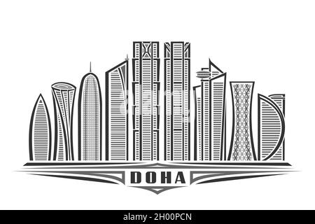 Vektor-Illustration von Doha, monochromes horizontales Poster mit linearem Design berühmte doha Stadtlandschaft, städtische Linie Kunstkonzept mit einzigartigen dekorativen let Stock Vektor