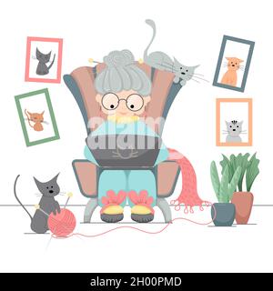 Alte Frau, die in einem Sessel mit Laptop sitzt, und ihre Katzen zu Hause. Vektorgrafik Stock Vektor