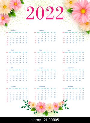 Kalender 2022 mit hellen Blumenmustern. Vorlage. Vektor Stock Vektor