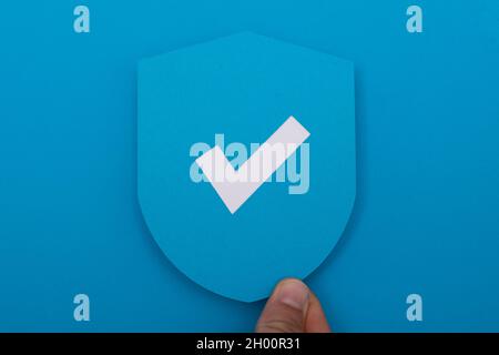 Eine Hand mit einem Schild mit einem blauen Hintergrund, Cybersicherheit und Netzwerkschutz Stockfoto