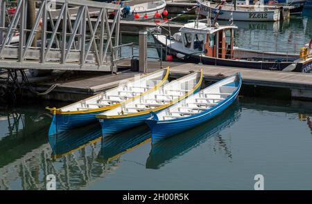 Newlyn Harbour, Cornwall, England, Großbritannien. 2021. Drei Pilot-Gig-Boote auf einem Steg im Hafen von Newlynn. Stockfoto