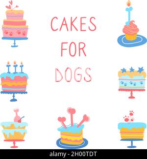 vektor-Illustration von Hund Kuchen. Cupcakes für die Party Ihre Hunde Geburtstag. Snacks für Tiere, Kerzen-Knochen, Schinken-Ornamente. Backwaren für einen pelzigen Freund. Stock Vektor