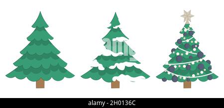 Drei Weihnachtsbäume isoliert auf weißem Hintergrund in drei verschiedenen Situationen. Weihnachtsbaum ohne Spielzeug, im Schnee, verkleidet. Vektor flach il Stock Vektor