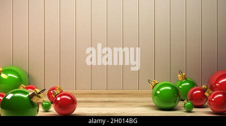 Grüne und rote Weihnachtskugeln liegen vor der Wand auf dem Boden, 3D-Rendering Stockfoto