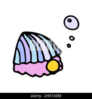 Vektordarstellung von Muscheln mit Perlen und Luftblase. Handgezeichnetes Symbol. Stock Vektor