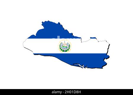 Übersichtskarte von El Salvador mit überlagerter Nationalflagge. 3D-Grafiken, die einen Schatten auf den weißen Hintergrund werfen Stockfoto