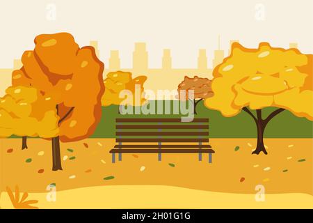 Vektordarstellung des Herbstes Stadtparks mit Bäumen, Bank, Skyline der Stadt. Cartoon Stadtpark im flachen Stil. Stock Vektor