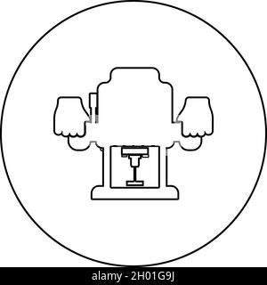 Fester Basis-Router Elektrisches Holz Tauchfräser Elektrowerkzeug in der Hand hält Elektrowerkzeug Verwenden Sie Arm mit Instrument Symbol in Kreis runden schwarzen Farbe Stock Vektor