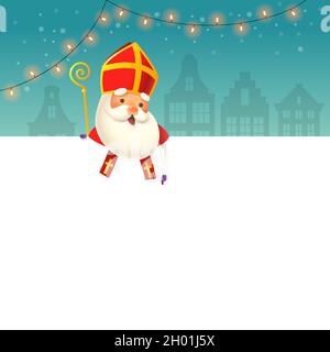 Niedlicher Nikolaus - Sinterklaas an Bord präsentiert etwas - Winternachtlandschaft Stock Vektor