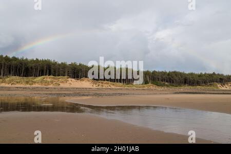 Regenbogen über dem Pinienwald von Newborough, der einen wunderschönen Küstenabschnitt im Westen von Anglesey, Nordwales, umrammt. Stockfoto
