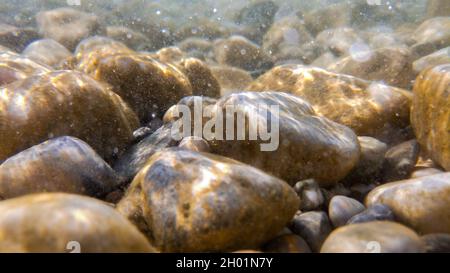 Kieselsteine steinigen unter der Wasseroberfläche in der Nähe des Seeufers, natürliche Szene, Nahaufnahme Stockfoto