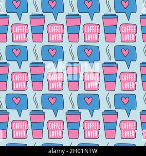 Handgezeichnete Pappkaffeebecher mit nahtlosem Muster. Ein moderner Hintergrund - Kaffee zu gehen. Tasse Kaffee und wie Zeichen in rosa und blau Stock Vektor