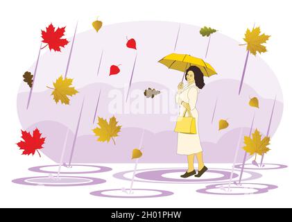 Schöne Frau mit einem Regenschirm, die im strömenden Regen über Herbstblätter durch die Pfützen läuft. Vektorgrafik flach Stock Vektor