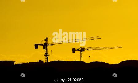 Bauindustrie und Entwicklung. Kran bei der Arbeit gegen goldenen Sonnenuntergang Himmel Stockfoto