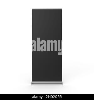 Executive Pull-Up-Banner mit schwarzer, brandfähiger Leinwand, isoliert auf weißem Hintergrund für Modelle und Illustrationen. 3D-gerenderte Illustration Stockfoto