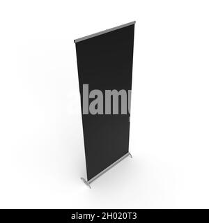 Executive Pull-Up-Banner mit schwarzer, brandfähiger Leinwand, isoliert auf weißem Hintergrund für Modelle und Illustrationen. Perspektivenansicht Links. 3D Rendere Stockfoto