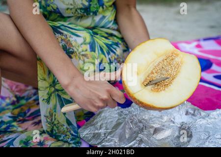 Nahaufnahme der Hände einer unbekannten kaukasischen Frau, die am Sommertag mit einem Messer auf dem Feld Melone schneidet, bereiten Sie frische Bio-Rohkost beim Picknick vor Stockfoto
