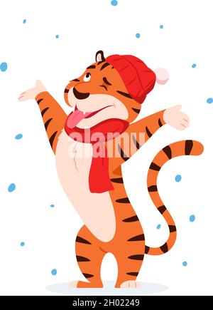 Happy Cartoon Tiger genießen Sie den Schnee auf weiß. Stock Vektor