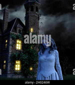 Gruselige Geisterfrau in einem alten Spukhaus bei Nacht - 3d-Rendering Stockfoto