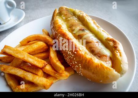 Ein Käse-Hot-Dog in einem Brötchen auf einem Teller mit pommes frites. Stockfoto