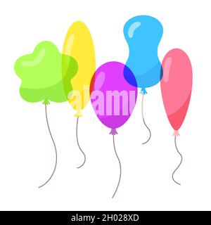 Ballon Blume oval Helium Luft mit Seil flach Stil transparente Overlay Banner. Kugeln isoliert auf weißem Hintergrund. Alles gute zum Geburtstag, Partykonzept, Feier, Werbung, Jubiläum. Vektor Stock Vektor