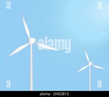 Abbildung von zwei weißen Windenergieanlagen auf blauem Hintergrund für alternative Energie Stock Vektor