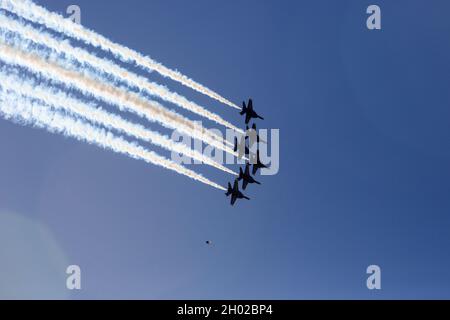 Sausalito, CA, USA. 9. Oktober 2021. Blue Angles fliegen während einer Fleet Week Air Show 2021 von Sausalito, Kalifornien, aus. Stockfoto